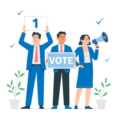 Flat Design Illustration of People Promoting Voting with Signs and Megaphone for Election Day.