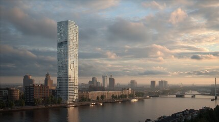 A modern skyscraper towers over the serene river in Amsterdam, reflecting the city’s contemporary architecture. The waterfront area features buildings that showcase Amsterdam's vib