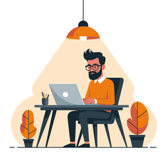 Flat Design Illustration of a Bearded Man Working on Laptop in a Cozy Office Environment.