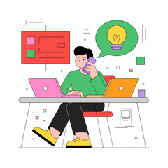 Flat Design Illustration of a Person Working at Desk with Multiple Laptops and Lightbulb Idea.