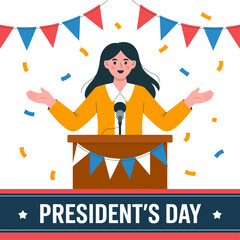 Flat Design Illustration Celebrating President's Day with Speaker at Podium and Colorful Decorations.