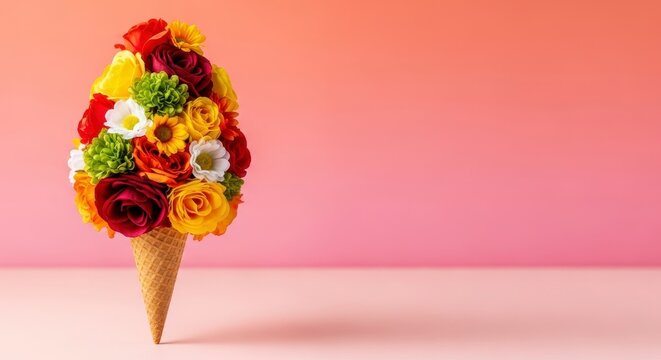 Ice cream cone filled with colorful assorted flowers against pink background - Powered by Adobe