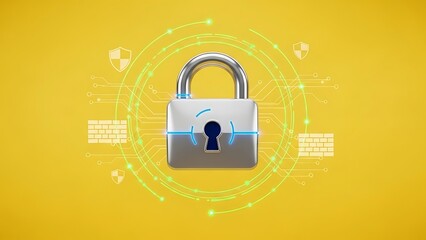 Digital Security Padlock on Yellow Background with Tech Elements.