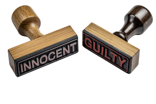 Innocent or guilty legal concept with vintage wooden stamps, ideal for justice, law, and courtroom themes, creating a powerful statement on legal rights - Powered by Adobe