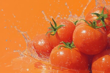 Juicy tomatoes splash with water on light pink surface. AI generative