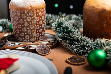 Detail of a table with Christmas decorations.