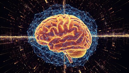 Digital brain illustration representing artificial intelligence machine learning and neural network technology connecting human brain with data flow symbolizing innovative future technologies