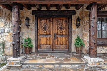 Rustic wooden door on stone porch with foliage accents. AI generative