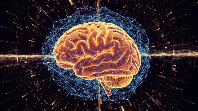 Digital brain illustration representing artificial intelligence machine learning and neural network technology connecting human brain with data flow symbolizing innovative future technologies