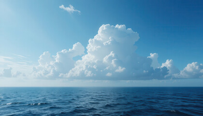 Open ocean with fluffy clouds and a bright blue sky above it