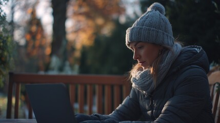 A woman sitting on a wooden bench is focused on her laptop in a serene outdoor setting. The cozy atmosphere enhances her engagement as autumn leaves create a colorful backdrop.