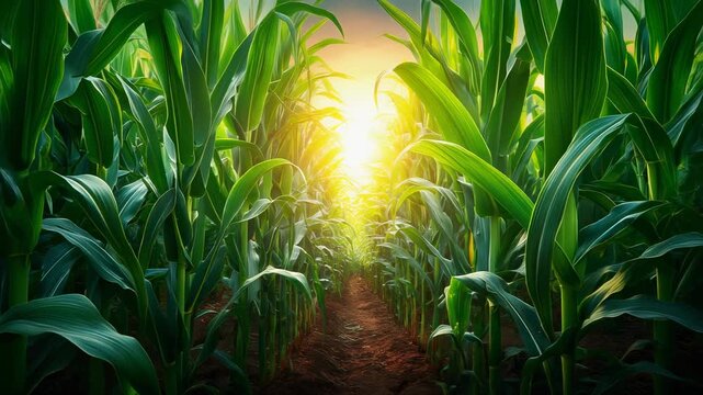 Vibrant cornfield at sunset, showcasing lush green corn plants and warm golden light