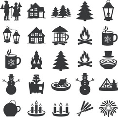 Winter holiday icons with snowmen trees and campfires