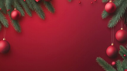 Red Christmas background with red ornaments and fir branches on edges, banner template for web advertising of holiday products or social media post.