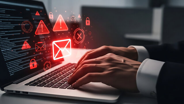 Business professional receiving email security alert on laptop, cybersecurity warning and phishing risk
