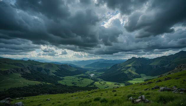 Overcast sky above green mountains and valley landscape view - Powered by Adobe