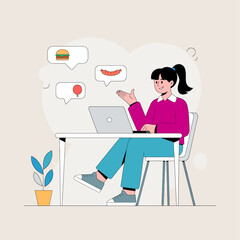 Flat Design Illustration of a Person Working on a Laptop with Fun Icons and Speech Bubbles.