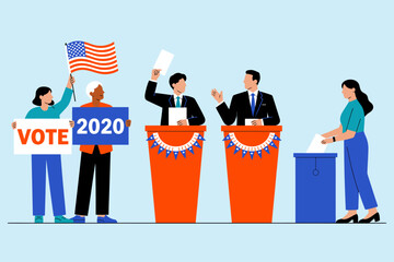 Flat Design Illustration of U.S. Election 2020 with Voters, Debaters, and Ballot Box.