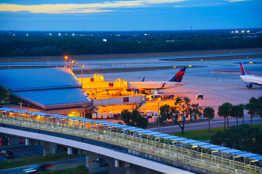 Tampa, FL USA - 03 16 2022: Night landscape of Tampa international TPA airport in Florida, USA	
