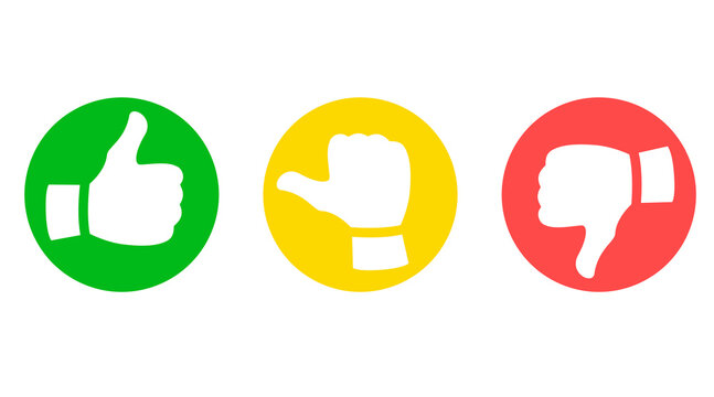 Like, dislike and neutral thumb icons set. Green thumbs up, yellow neutral thumb, and red thumbs down symbols. Feedback and rating vector illustration with positive, neutral and negative reactions.