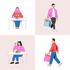 Minimalist Illustration Set of People Eating and Grocery Shopping in Vibrant Colors.
