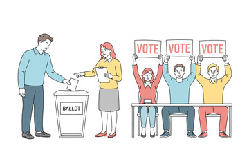 Flat Design Illustration of Voting Process with People Holding Vote Signs and Ballot Box.