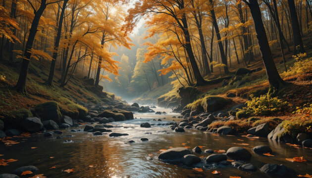 A river flows through an autumn forest with golden foliage - Powered by Adobe