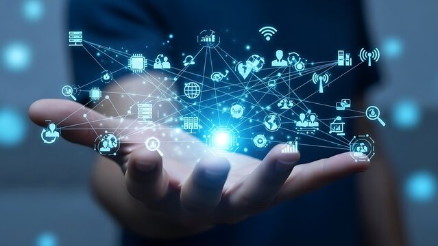 Digital Transformation and Connectivity Concept a Network of Glowing Icons Held in Hand Representing Data Sharing and Business Solutions for Modern Communication and Technologies - Powered by Adobe