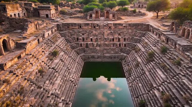Ancient stepwell ruins of bhangarh fort in rajasthan, india, showing intricate stone architecture and water reflection at sunset