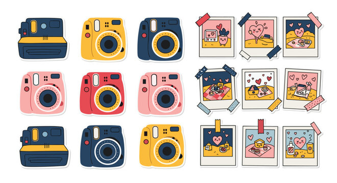 Cute sticker set of instant cameras in various colors and romantic polaroid photos of a picnic date with lovely characters.
