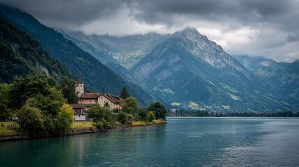 Beautiful lake with mountains and a village in cloudy weather
