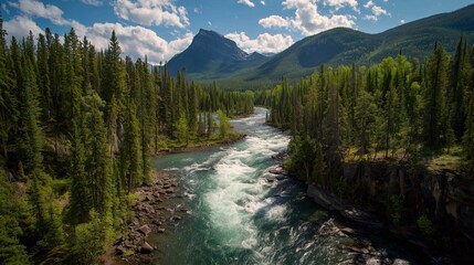 A clear blue river flows steadily between tall evergreen trees and rocky banks, framed by majestic mountains in the distance. This natural setting showcases the beauty of the wilde