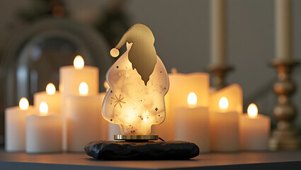 Festive Santa Claus figurine glowing among lit candles at home  