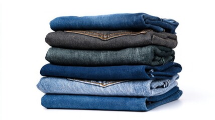 Stacked denim jeans on white background. AI generated