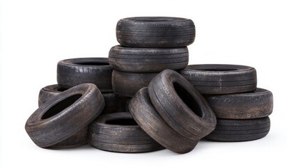Weathered tires piled on white background. AI generated