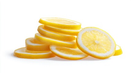 Vivid lemon slices on solid white background. AI generated