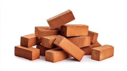 Pile of red bricks on white background. AI generated