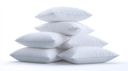 Stack of soft white bed pillows on plain background. AI generated