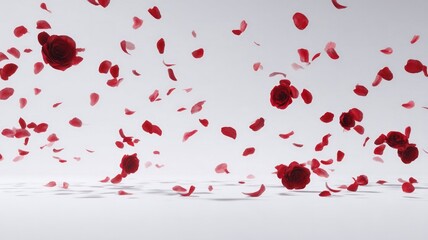 Red roses and petals on white background. AI generated