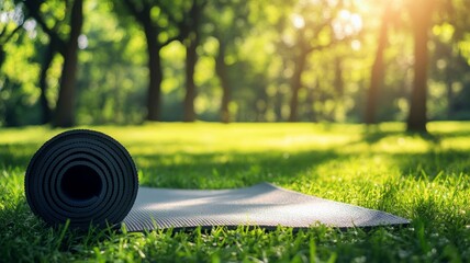 Yoga mat on sunlit grass with blurred trees. AI generated