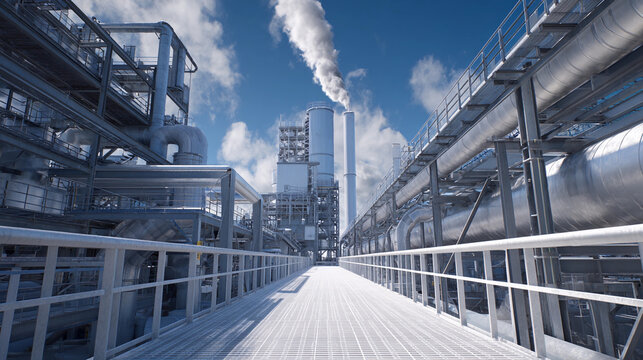 Modern industrial plant with smoke rising into the blue sky