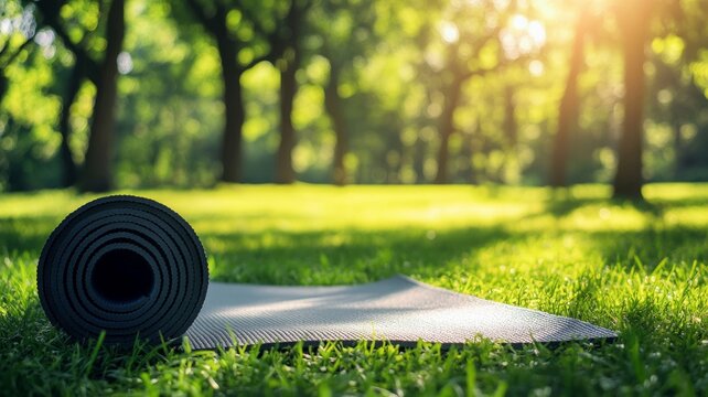 Yoga mat on sunlit grass with blurred trees. AI generated - Powered by Adobe