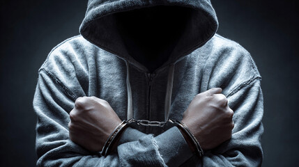 Man in gray hoodie with handcuffs expresses defiance in dark setting