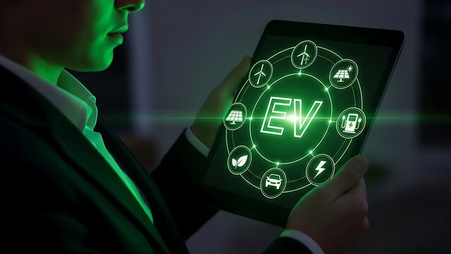 Electric Vehicle Technology on Tablet Display Shows Green Energy Sources for Sustainable Future and Innovative Automotive Solutions for Environmental Preservation and Reduction of Carbon Footprint