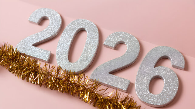 Sparkly silver 2026 numbers with gold tinsel festive decoration on a pink background celebrating the new year