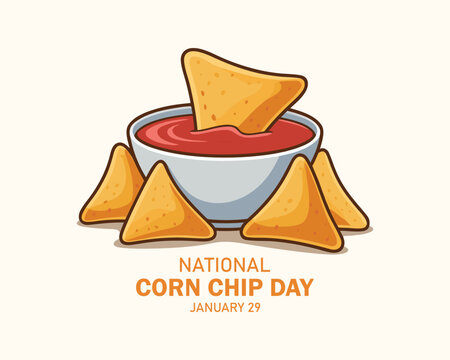 National Corn Chip Day poster vector illustration. Nachos corn chips with red salsa sauce icon vector. Salty snacks tortilla chips drawing. January 29 every year. Important day.