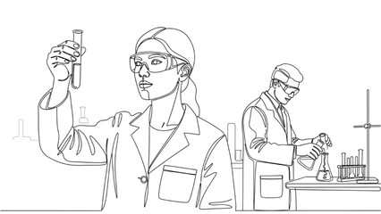 Continuous black outline art of chemical engineers working with lab equipment, observing liquids and pouring chemicals, scientific laboratory illustration