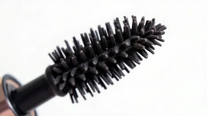Video A close-up shot of a mascara brush on a white surface, ideal for use in beauty and cosmetics contexts