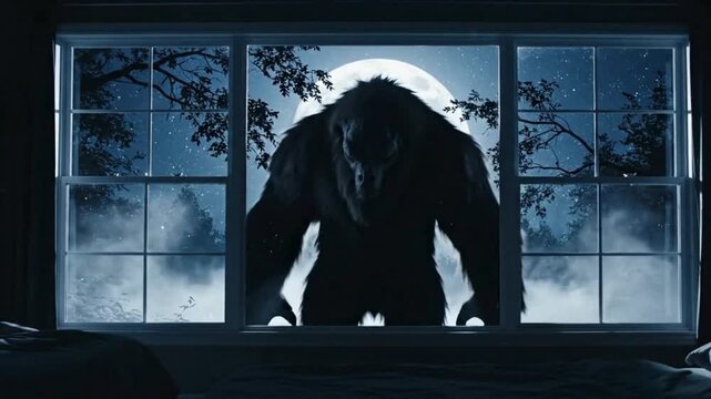 Monster outside window at night with full moon, creepy horror scene with scary figure in dark bedroom. Nightmare and fantasy concept
