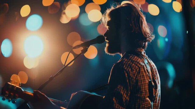 Video A person performing music with a guitar and microphone, ideal for use in entertainment or media projects